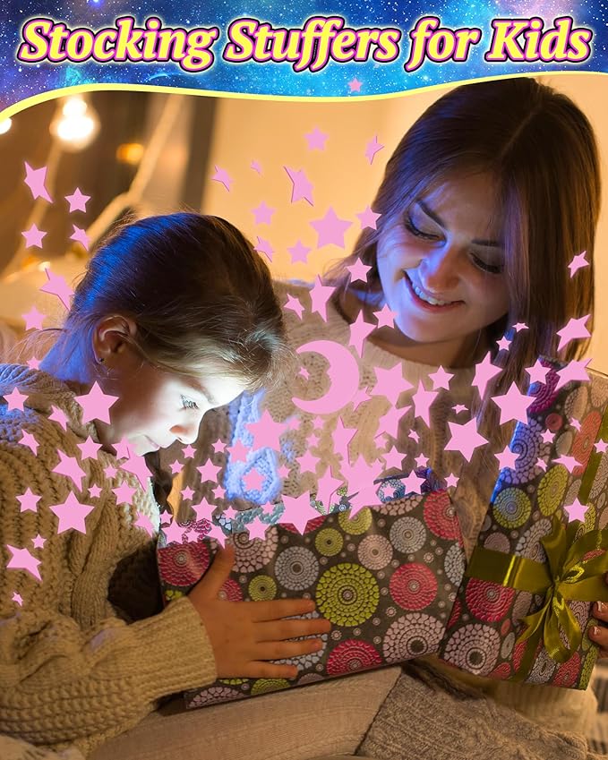 201 Pcs Glow in The Dark Stars Stickers for Ceiling, Toddler Stocking Stuffers Wall Room Decor Gifts, Luminous 3D Glowing Stars Easter Basket Stuffers for Kids Boys Girls - Pink