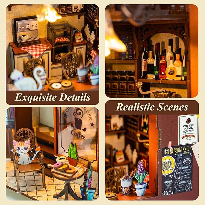 Book Nook Kit Coffee House, DIY Booknooks Kit for Adults Women Girls Teens, Bookshelf Diorama Miniature Scenes Insert Decor with LED Light, Miniature House Kit Wooden Crafts Gifts