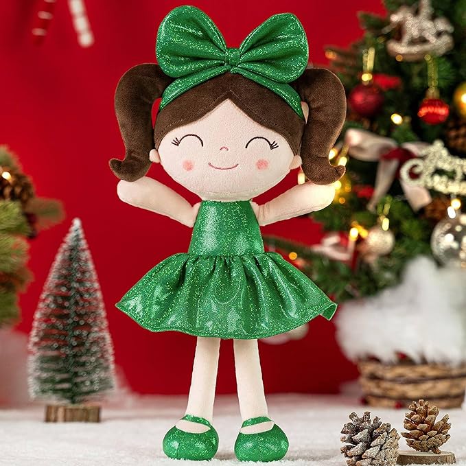 Gloveleya Christmas Baby Doll – Soft Plush Girl Toy in Green Dress, Doll for Kids, Xmas Décor & Keepsake, 12 Inches