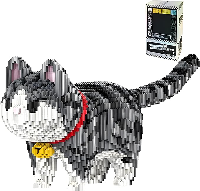Animal Gray Striped Bell Cat Micro Mini Building Blocks Sets Large Cute Cat Building Kits Model Toys Gift for Adults Kids Teens 6500 PCS