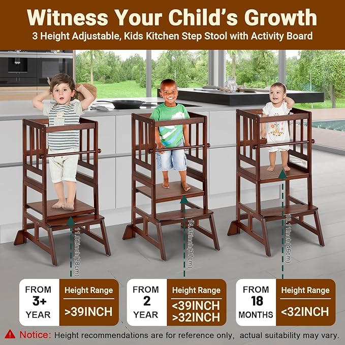 COSYLAND Toddler Standing Tower - Adjustable Height Toddler Kitchen Stool Helper - Kids Kitchen Step Stool for Learning with Removable Safety Railing Brown