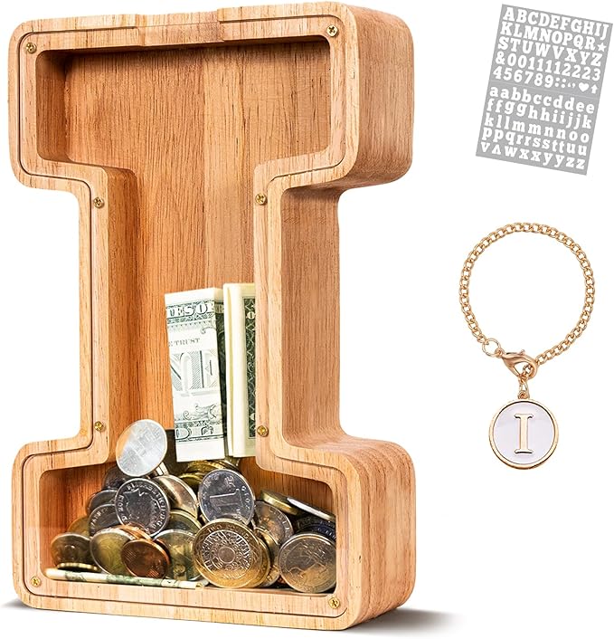 KMC Wooden Letter Piggy Bank, Personalized Initial Piggy Bank for Kids Boys, Clear Alphabet I Wood Money Box, Unbreakable Coin Saving Jar, Birthday, for Children
