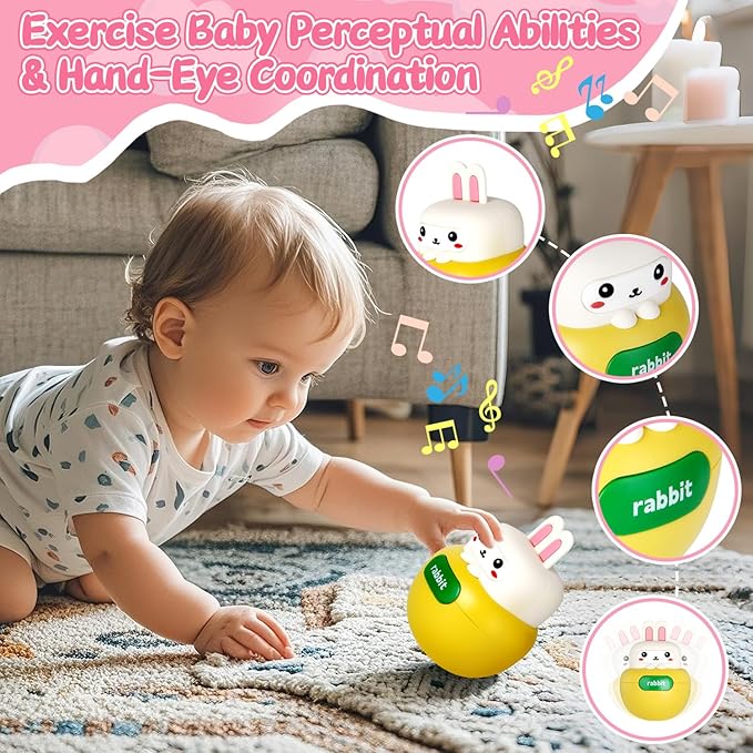 Baby Rabbit Wobble Toys, Infant Roly-Poly Tumbler Musical Wobbler, Babies Sensory Development & Teething Toy Gifts for Newborn 3-12 Month Baby Toddler Boys and Girls