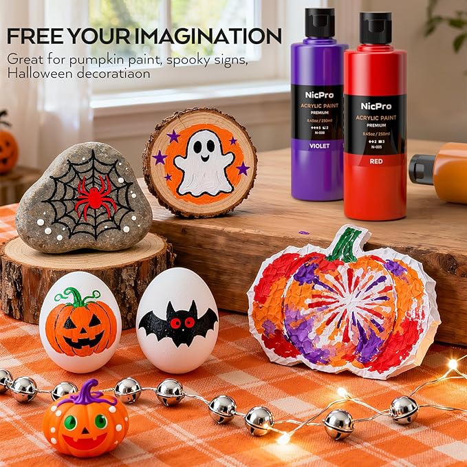 Nicpro 18 Colors Large Acrylic Paint Set, 8.45oz/250 ml Artist Painting Supplies Bulk Non-Toxic For Multi Surface Pumpkin Canvas Wood Fabric Leather Cardboard Paper Crafts Rock Hobby with Color Wheel