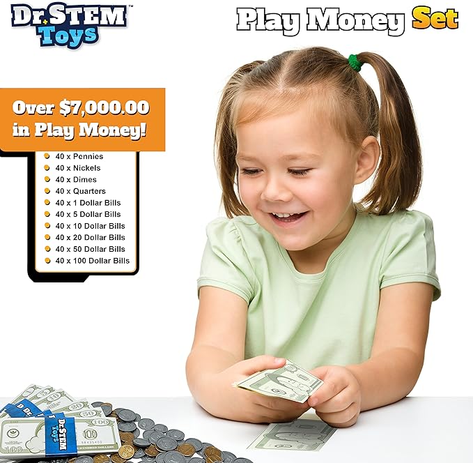 Dr. STEM Toys Play Money for Kids: Durable Boxed Set Provides 400 Pieces of Realistic Fake Money Bills & Fake Coins for Pretend Play, Helps Kids Learn Financial Responsibility & More