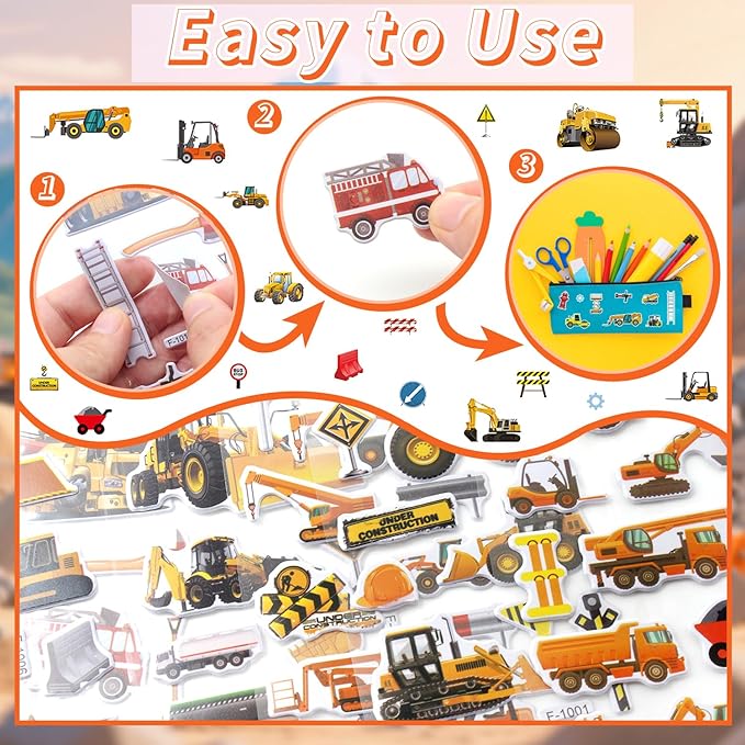 36 Sheets 3D Construction Stickers for Kids (900+), Bulk Puffy Truck Stickers - Excavator, Bulldozer, Crane with Safety Signs & Tools for Boys Crafts, Rewards