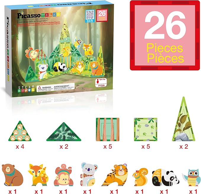 PicassoTiles Magnet Tile Building Blocks Forest Animal Themed Playset with 8 Character Action Figures Educational STEM Learning Construction Kit Pretend Play Magnetic Tiles Toddler Kids Ages 3+ PTQ26