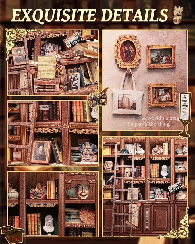 CUTEBEE Book Nook Kit - DIY Miniature House Dollhouse Kit for Adults and Teens, Booknook Tiny House Bookshelf 3D Wooden Puzzle, Gifts for Family (Drama Bookshop)