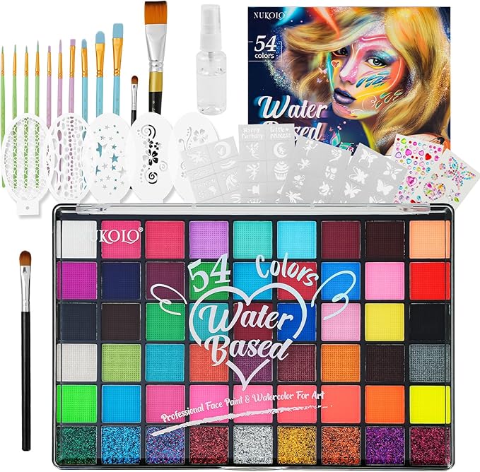 Professional Face Paint Set for Kids,54 Colors Non-toxic Water Activated Face Painting Makeup Palette .Includes Multiple makeup tools.Ideal for Halloween,Carnival,Cosplay,Party,SFX Arty Stage Makeup.