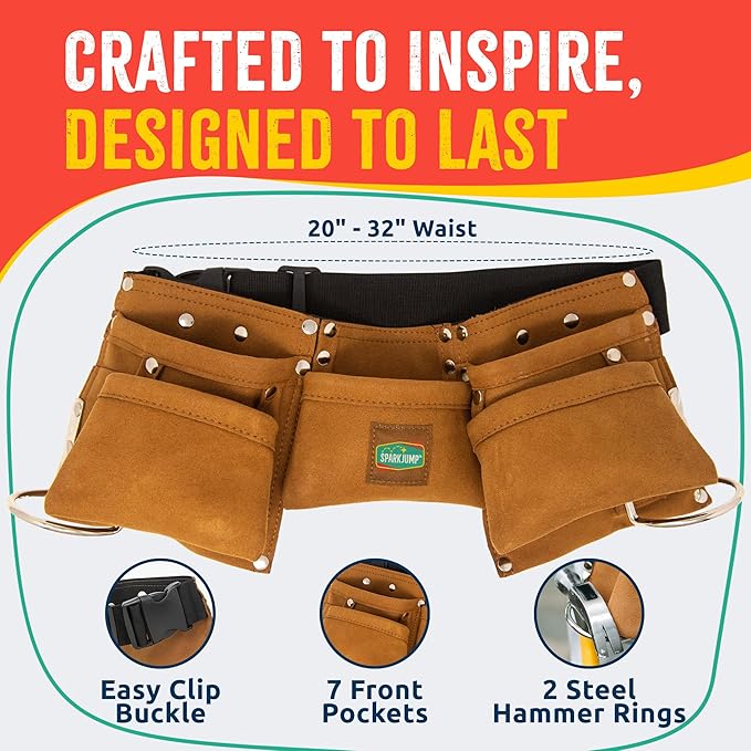 SparkJump Kids Brown Tool Belt, Adjustable Leather Tool Belt for Toddlers and Kids, Dress-Up Construction Costume for DIY Woodworking and STEM Learning
