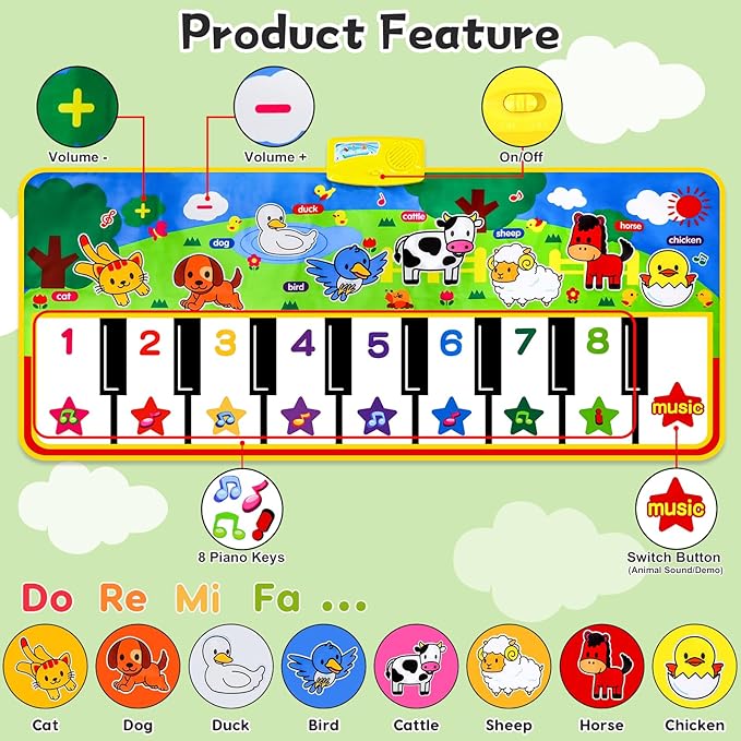 Piano Mat - 53" x 23" Musical Mat 8 Animals Sounds Dance Mat for Kids Touch Play Dancing Mat Toy Gifts for 1 2 3 4 5 6 Year Old Girls Boys