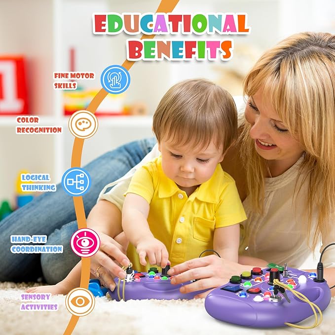 Toddler Baby Busy Board with LED Light, Montessori Busy Board for 1+ Year Old, Baby Sensory Board Toddler Travel Toys for Preschool Learning Activities Boys & Girls Birthday (Purple)