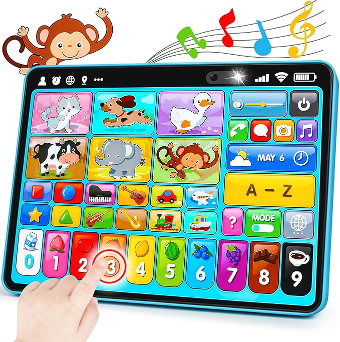 Trilingual Learning Toy Tablet with Music & Sound, Montessori Speech Musical Therapy Toys, Gifts for Boy, Girl, Baby, Toddler, for Age 1, 2, 3 Year Old (12-18 Months)
