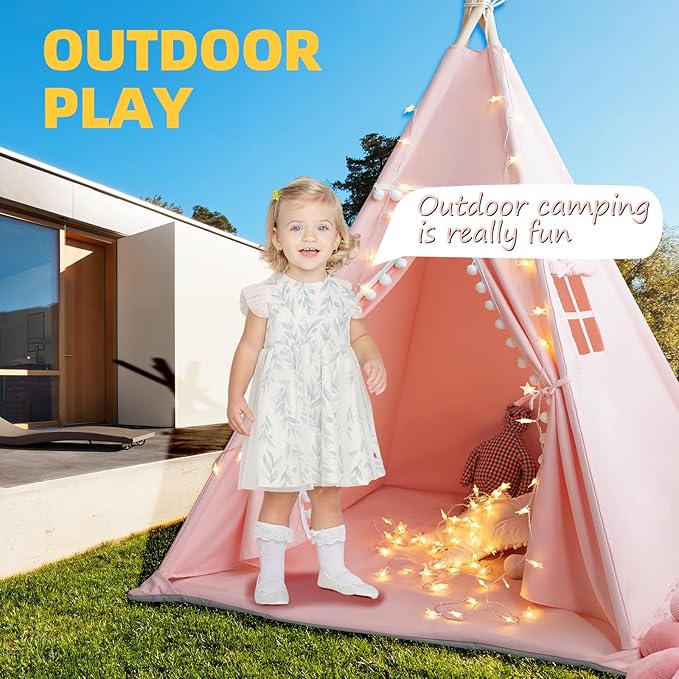 Teepee Tent for Kids with Mat, Star Lights, Carry Case, Cotton Canvas Playhouse, Foldable Tents, Portable Children Play Tent Indoor Outdoor (Pink)