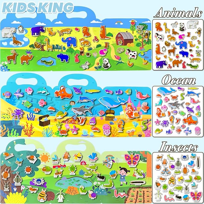 3 Pack Reusable Sticker Books for Kids, Waterproof Puffy Stickers - Match The Shape and DIY Scene, Toddler Travel Essential Quiet Time Activities Toys - Animal, Ocean and Insect (2-6 Age)