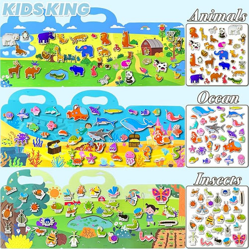3 Pack Reusable Sticker Books for Kids, Waterproof Puffy Stickers - Match The Shape and DIY Scene, Toddler Travel Essential Quiet Time Activities Toys - Animal, Ocean and Insect (2-6 Age)