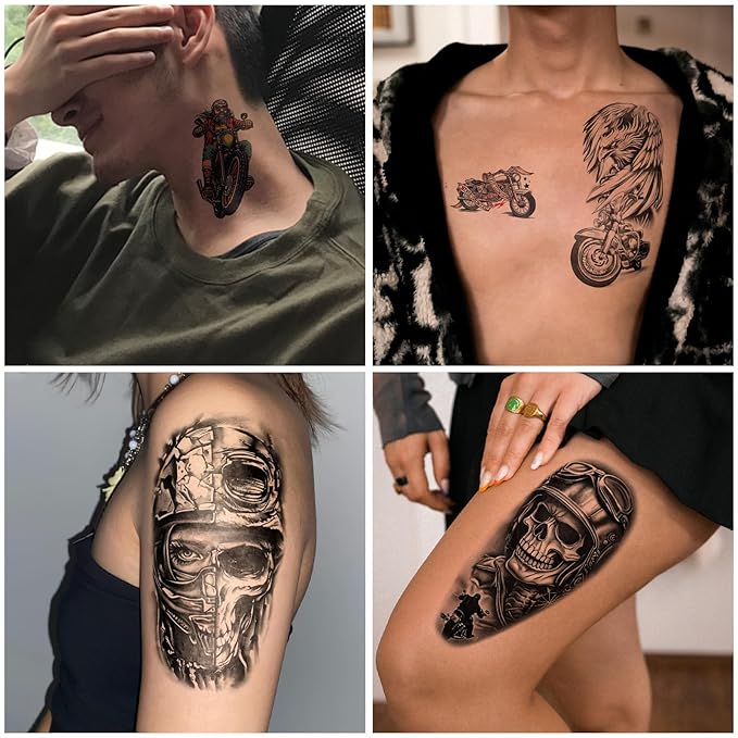 77 Sheets Temporary Tattoos, 17 Sheets Half Arm Motorcycle Skull Flame Flower Mechanical Fake Tattoos for Adults Shoulder Neck, 60 Sheets Tiny Temporary Tattoos Realistic for Men Women Boy Girl