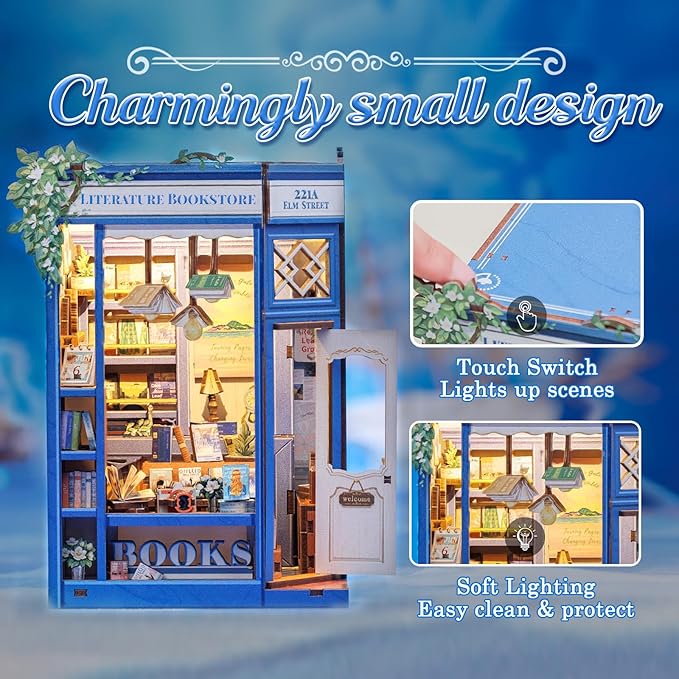 CUTEBEE DIY Book Nook Kit, Miniature House Kits for Adult and Teens, DIY Miniature Book Nook kit with Sensor Led Light, Gifts for Lovers and Family (Literature Bookstore)