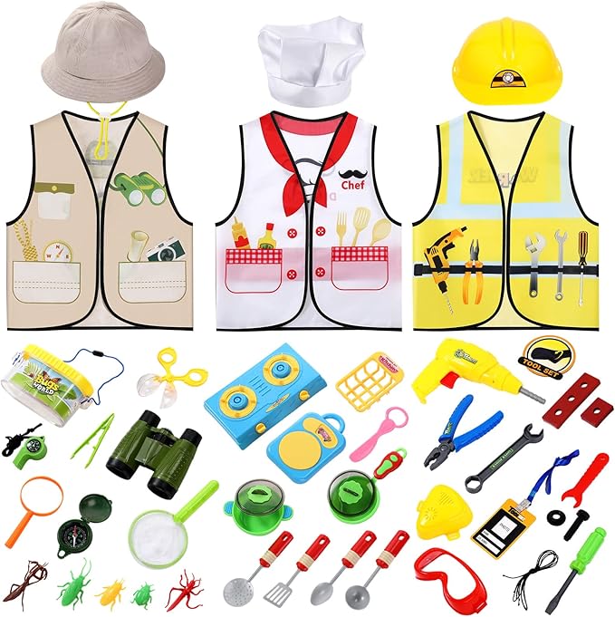 Deekin 3 Sets Kids Dress Up Clothes for Play Age 3-7 Ages, Toddler Dress Up Costumes Vest Role Play Community Helpers Construction Worker, Chef, Explorer for Boys Girls Costumes Accessories