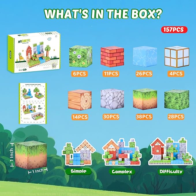 Magnetic Blocks - 157PCS Magnetic Building Blocks Set, 1 Inch Magnet Cubes Build Mine Forest World Stacking Toy for Kids, STEM Sensory Construction Toys, Christmas Birthday Gifts for Boys Girls Age 3+
