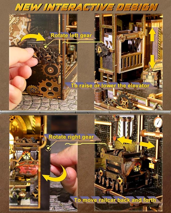 Book Nook Kit Mechanical Rhythm, DIY Booknooks Kit for Adults with Sensor Lights, Bookshelf Diorama Miniature Scenes Insert Decor, 3D Puzzle Miniature House Kit Gift for Men Teens Family