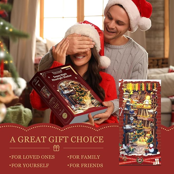 Christamas Book Nooks DIY Dollhouse Kit for Adults Bookshelf Decor with LED Lights 3D Wooden Puzzle Model Booknooks Kits Gifts for Family,Friends (Snowy Night)