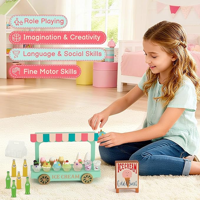Mini Ice Cream Toy Sets for Play Kitchen - Miniature Food Truck with Wooden Cart, 7 Smoothies, Cones & Drink Bottles for Dollhouse Decor, Food & Accessories, Role Play Birthday Gift for Girls & Boys