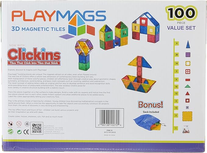 Playmags Magnetic Tiles for Kids – 100pcs Magnet Building Set for Toddlers Ages 1-5 | Stem Montessori Toy for 2 3 4 Year Old Boys & Girls | Toys for Toddlers, Preschool & Middle School Children