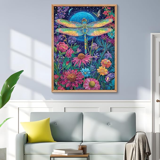 500 Piece Jigsaw Puzzles for Adults, Moonlit Dragonfly in Flower Garden Puzzles for Adults, Fun and Challenging Puzzle for Family Time, Relaxing Gift for Adults, Kids, Seniors, 20.5 x 15 in