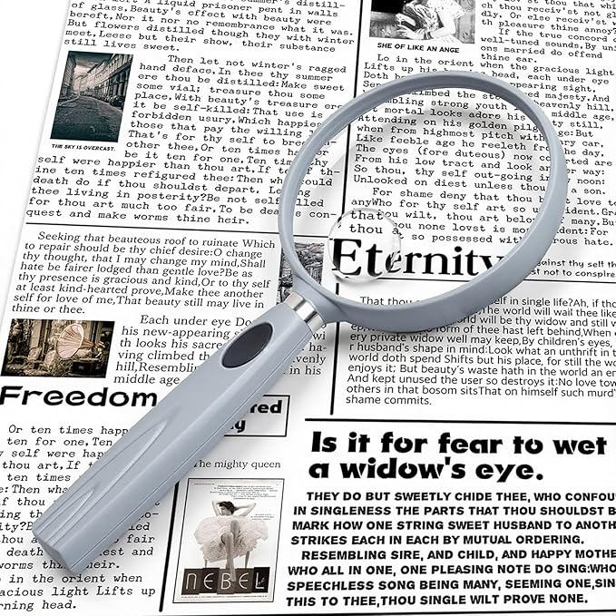 Feosky Handheld Reading Magnifier, 10X 30X Magnifier, 75mm Shatterproof Lens, Non-Slip Handle for Adults Close Work, Seniors Reading and Kids Nature Exploration, Hobby Observation(Grey)