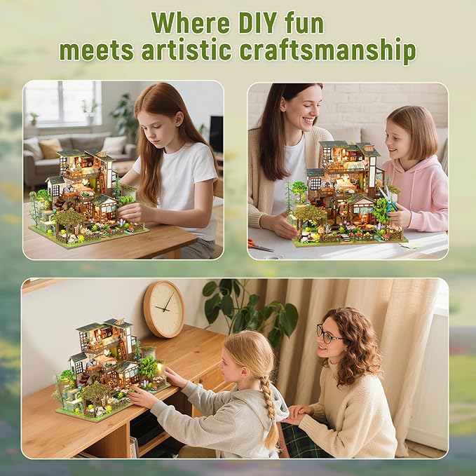 DIY Miniature House Kit with LED Lights, Bamboo Spring Courtyard Wooden Mini House Building Kit for Adults & Teens, Creative Crafts for Women, Friends & Hobbyists