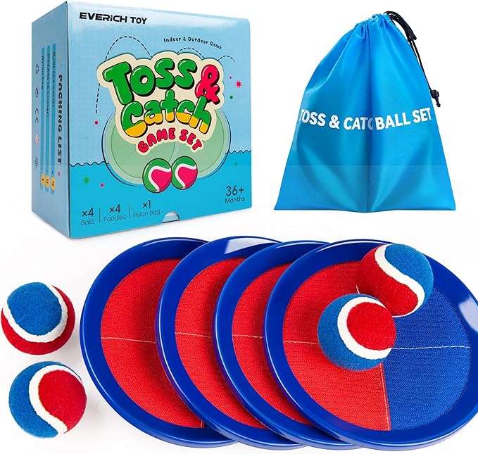 EVERICH Upgraded Toss and Catch Ball Game Set, Outdoor Games for Kids Outdoor Toys Yard Games, Beach Pool Toys for Adults Family 4 Paddles 4 Balls, Great Gifts for Boys Girls 3 4 5 6 7 8-12 Years Old
