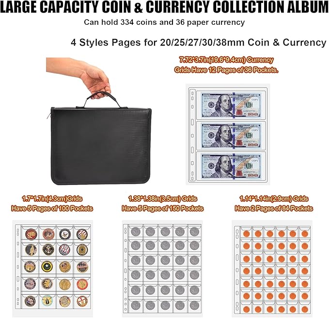 Coin Collection Book Holder for Collectors, 300 Pockets Fireproof Coins Collecting Album & 36 Sleeves Money Storage Case for Coin Currency Collection Supplies, Bill, Pennies, Quarters, Stamp