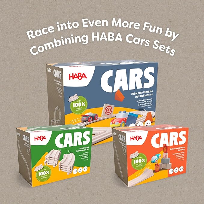 HABA Cars - My First Racetrack, 27 Piece Sustainable Kids' Race Track Set, Battery-Free Push and Go Cars, Ideal STEM Toys for Toddlers Ages 2+