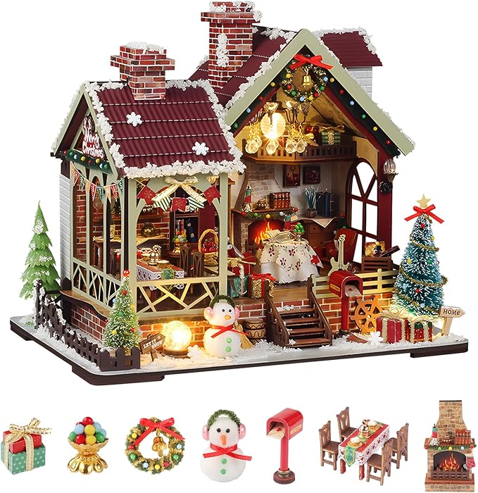 Christmas Miniature Dollhouse Kit, DIY Miniature House Kits for Adults, Mini Model Building Sets with Furniture, Snowman and Christmas Tree, Wooden House Kit Decoration Gift