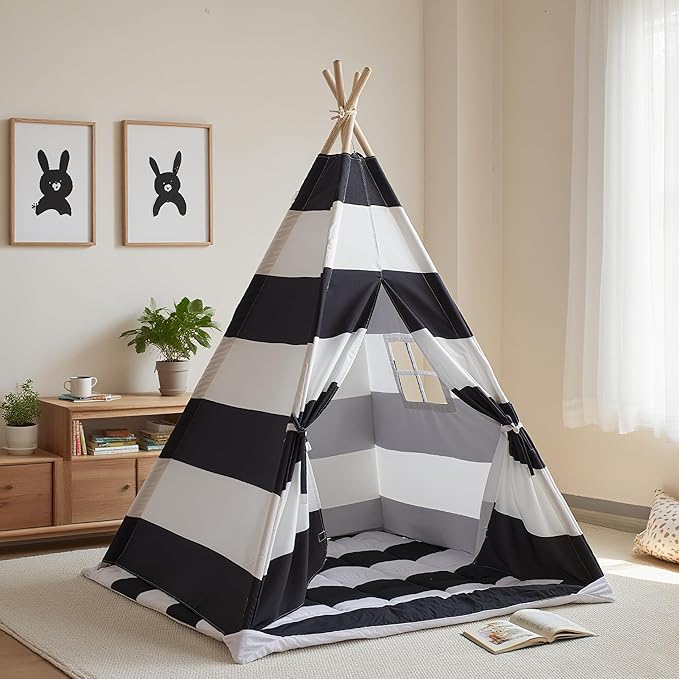 Teepee Tent for Kids with Padded Mat, Lights, and Carry Bag, Washable Playhouse for Indoor Use, Ideal Play Tent for Girls and Boys, Stripe Black