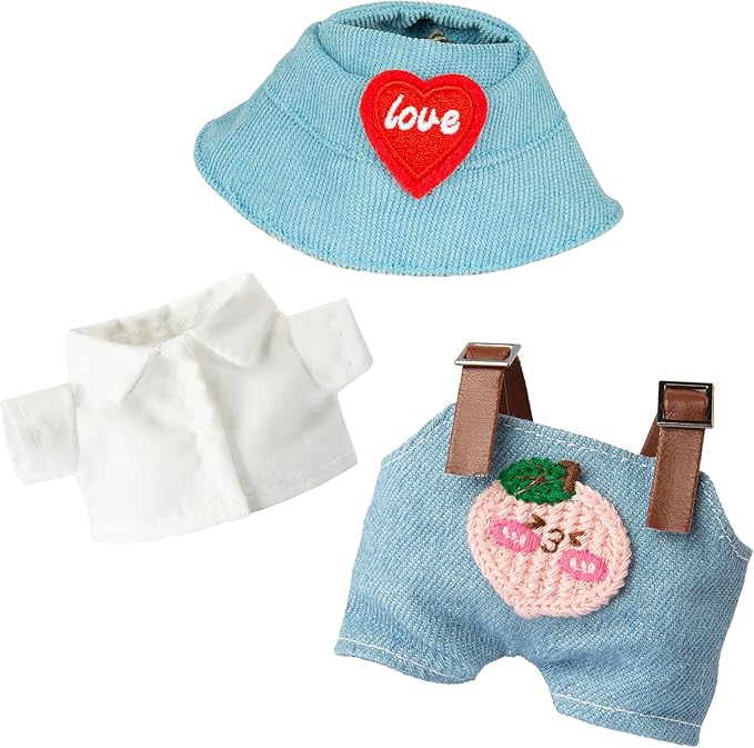 17cm Doll Outfits for Labubu - Kawaii Chic Style Set for 17cm Dolls, Cute Doll Clothes with Accessories - White Shirt + Pink Peach Blue Romper + Heart Shaped Blue Hat (Clothes Only)