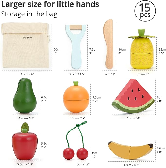 PairPear Wooden Toys Play Food Sets for Kids Kitchen, Kids Toy Food Cutting Fruit Set for Toddlers 3+ Years Old, Pretend Food Play Kitchen Accessories for Girls and Boys