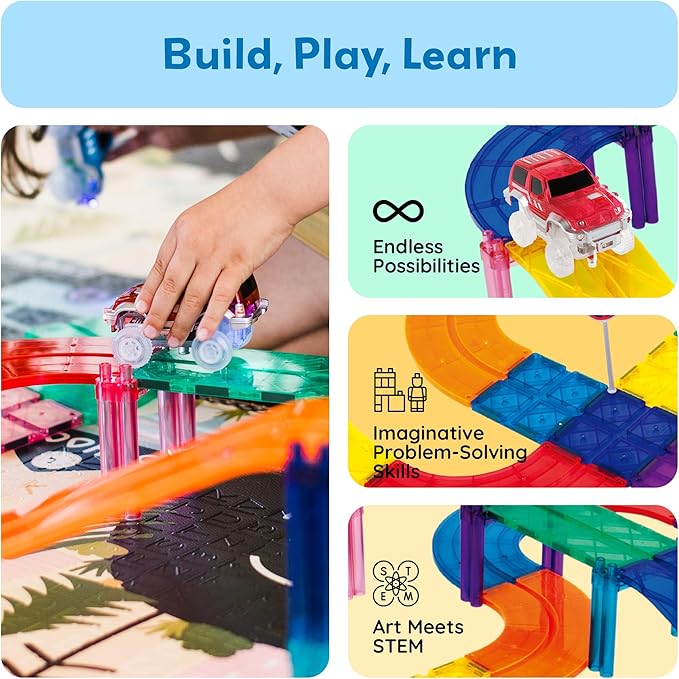 PicassoTiles Magnetic Tiles Race Track Car Thrilling Toy Playset Includes 2 Racing Trucks STEM Educational Magnet Tile Building Block Construction Set for Toddlers Boys Girls Ages 3 and Older PTR30
