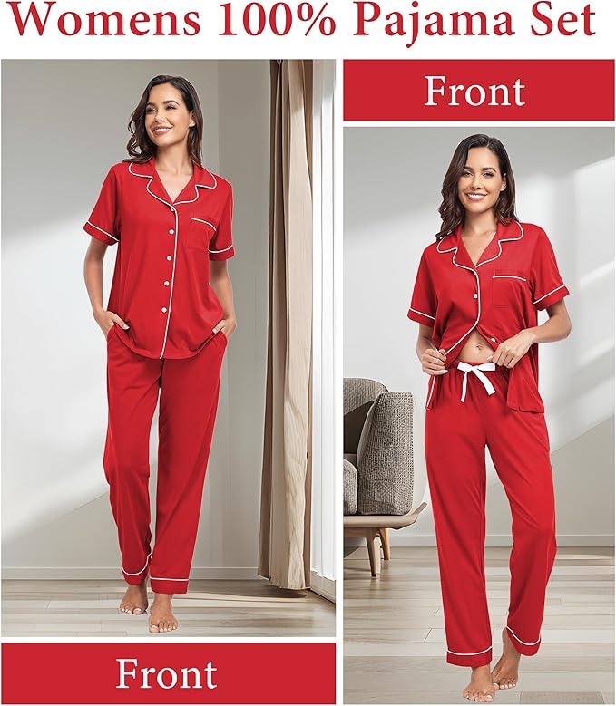 CF Womens 100% Cotton Pajamas Set Button Down Pjs Sets Short Sleeve Top & Long Pants Sleepwear Comfy Loungewear with Pockets