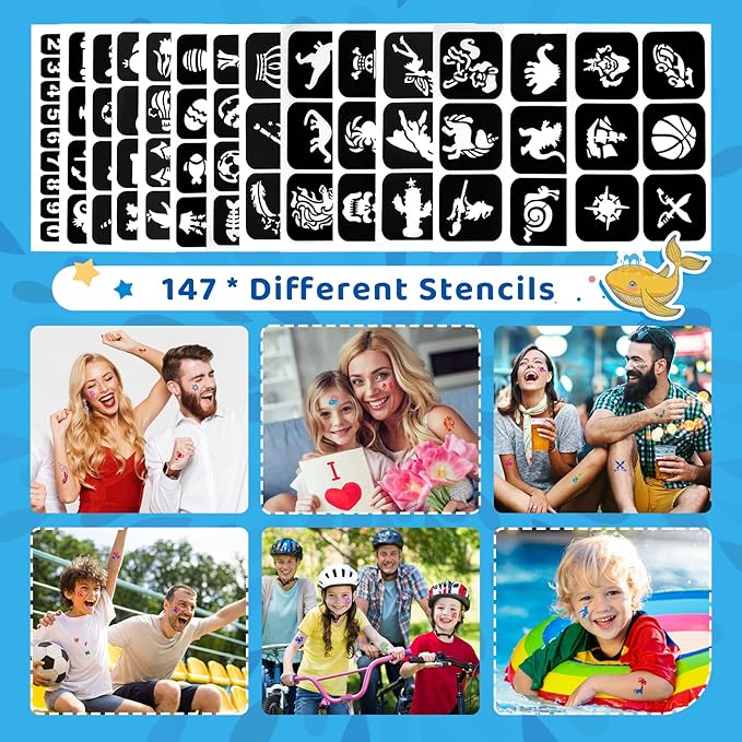 Temporary Glitter Tattoo Kids, Bledras 30 Colors Temporary Tattoo Set, 147 Stencils, 4 Brushes, 2 Glue, Glitter Tattoos for Kids or Adults, Gifts for Girls Boys, Carnival Birthday Festival Party