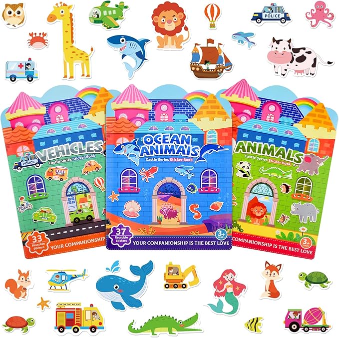 ASTARON 3 Pack Reusable Sticker Books for Kids, Cute Waterproof Dinosaurs Animals Vehicles Stickers, Portable Travel Toys and Educational Sensory Learning Toys (3-6 Age)