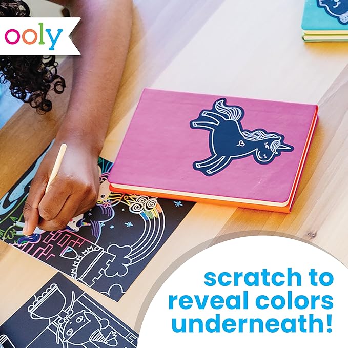 Ooly Scratch & Scribble 10pc Art Kit with 8 Total Scratch Cards (4 Illustrated, 2 Blank, 2 Rainbow) with Scratching Tool and Sparkled Stickers, Art Set Gifts for Kids - Colorful Safari