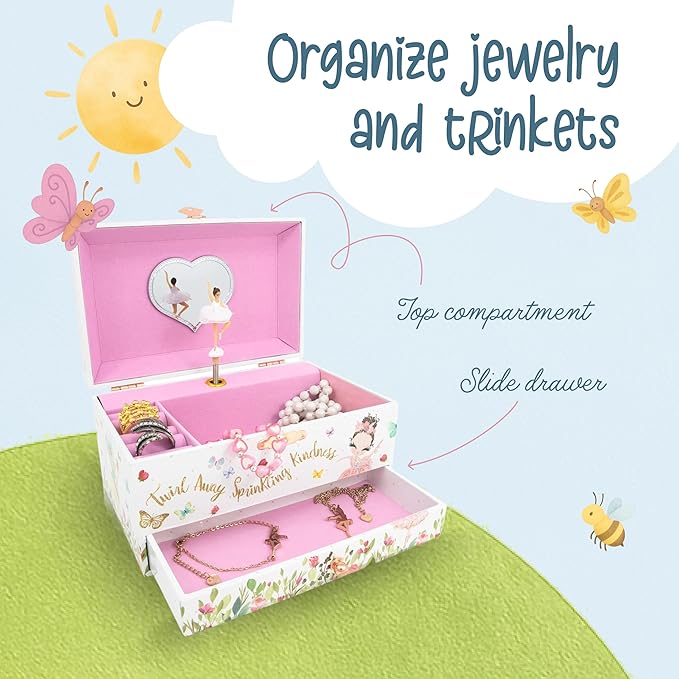 The Memory Building Company Ballerina Musical Jewelry Box, Classic Melody, Storage Organizer Kids Ages 6-12, Wood Construction w/ 2 Compartments
