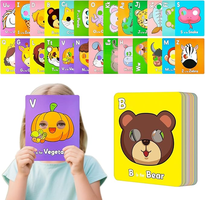26 PCS Alphabet ABC Flash Cards with Animal Masks, Colorful Alphabet Mask Cards, Giant Letter ABC Animal Faces Flash Learning Flashcards, Interactive Education Games, Learn Letters
