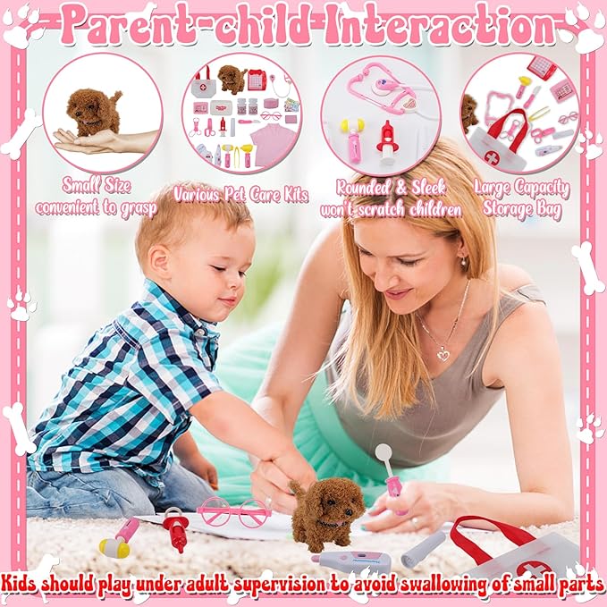 Toy Doctor Kit for Girls - TEUVO Pretend Play Doctor Set with Dog Toy, Carrying Bag, Stethoscope, Dress Up Costume - Toys Doctor Play Birthday Gift for Kids Toddlers 2 3 4 5 6 7 Year Old for Role Play