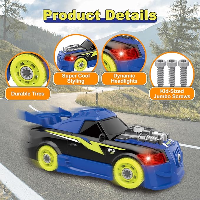 Take Apart Toy Racing Car for Kids Age 3+ Year Old, 2 in 1 Build Your Own Car with Realistic Sounds & Lights, Construction Vehicle Toys with Electric Drill, Ideal Gitfs for Boys(4 Spare Screws)