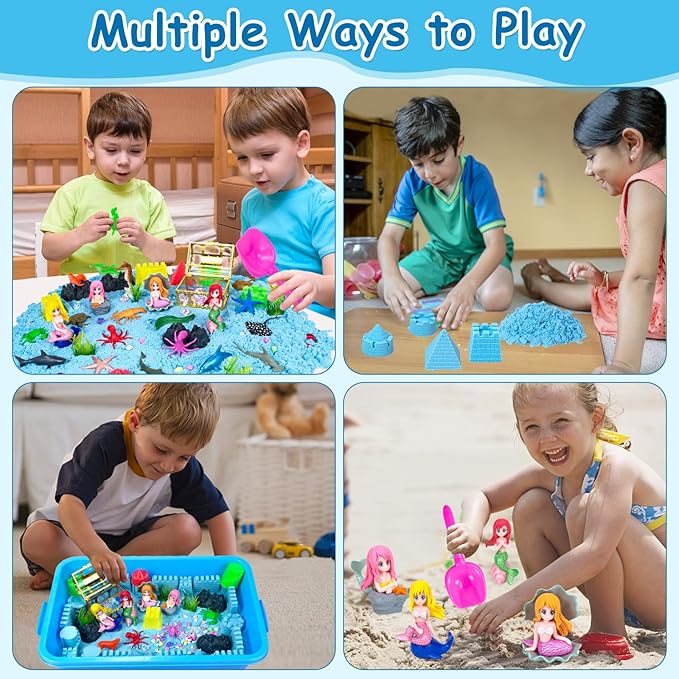 Ocean Sensory Bin, 57 Pcs Mermaid Sand Art Kit Castle Sea Animal Molds Sandbox Toys, Mermaid Play Sand Toy Sensory Playsand for Kids Toddlers, Birthday Gifts for Boys Girls Ages 3 4 5 6 7