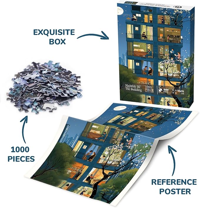 Cozy City Building Puzzle for Adults 1000 Piece, Relax Night Light Scenic Jigsaw Puzzle, Spring Cherry Blossom Tree Puzzle as Home Decor