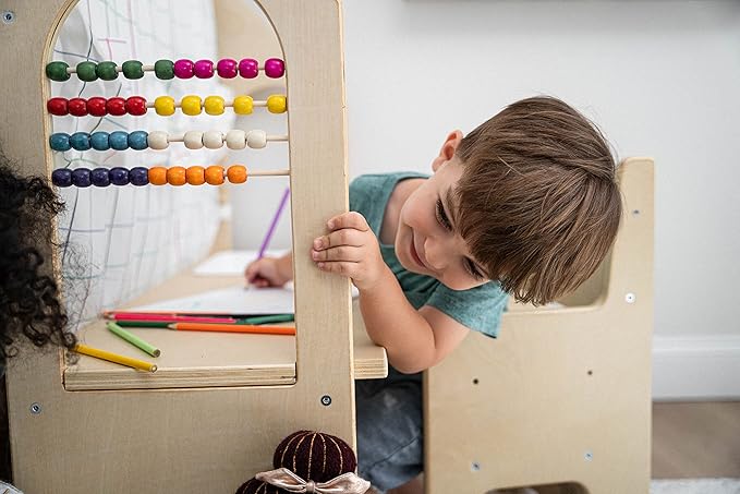 Avenlur Flair - 5 in 1 Indoor Playhouse with Desk Table, Chair, Chalkboard, Floor Cushion and Curtain Shades - Montessori and Waldorf Style for Ages 1 to 8 Years Old - (Large, Colorful Windowpane)